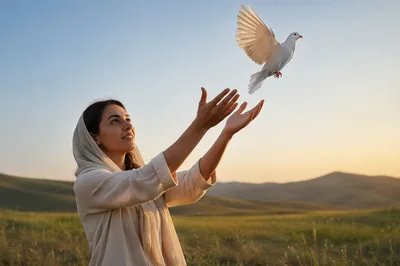 Young Woman Releasing White Dove at Sunrise