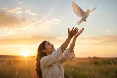 Young Woman Releasing White Dove at Sunrise
