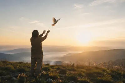 Releasing a Dove at Peaceful Sunrise
