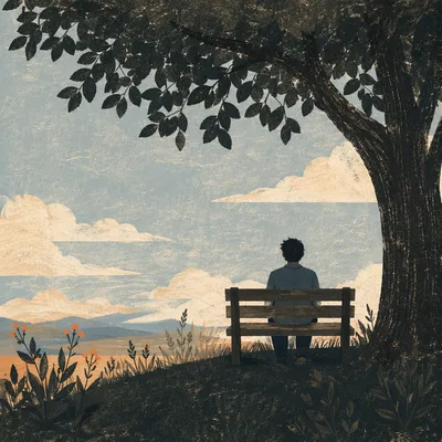 Solitary Bench Contemplation Beneath Shade Tree