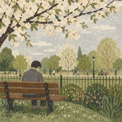 Solitary Park Bench Reflection in Spring