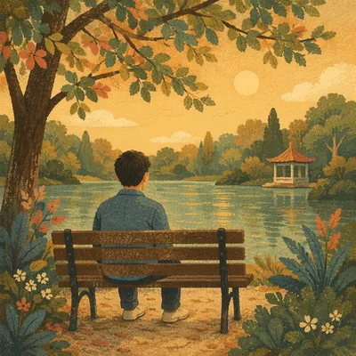 Solitary Reflection on a Lakeside Bench