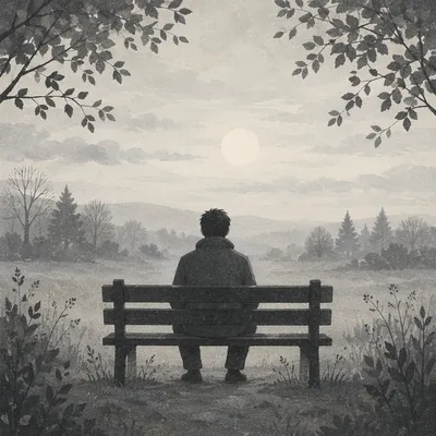 Solitary Bench Contemplation in Misty Park