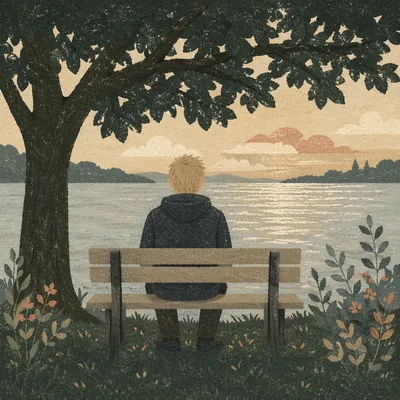 Solitary Park Bench by Peaceful Lake
