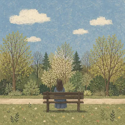 Solitary Park Bench Contemplation in Spring