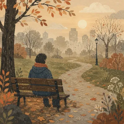 Solitary Bench Contemplation in Misty Autumn Park