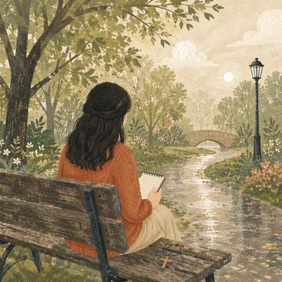 Solitary Prayer on Rain-Kissed Park Bench
