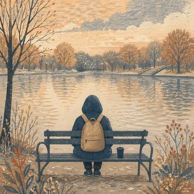 Solitary Park Bench Reflection by Winter Lake