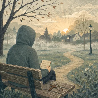 Solitary Dawn Reflection on Park Bench