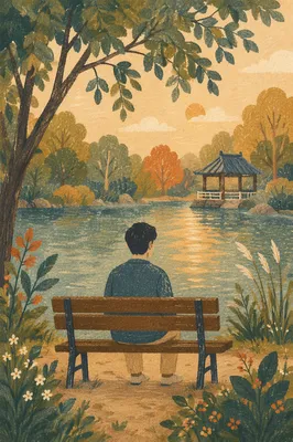 Solitary Park Bench Contemplation by Calm Lake