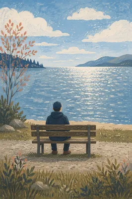 Solitary Reflection on a Lakeside Bench
