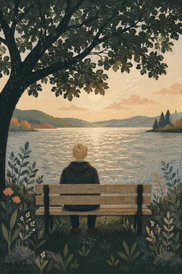 Solitary Park Bench Contemplation by Quiet Lake
