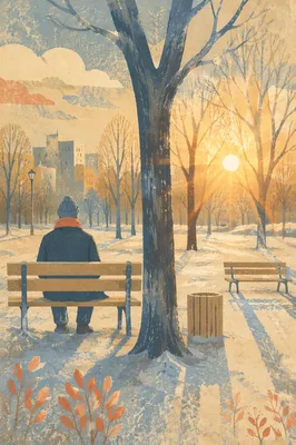 Solitary Winter Bench Contemplation in Golden Light
