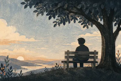 Solitary Bench Contemplation Under Shade Tree
