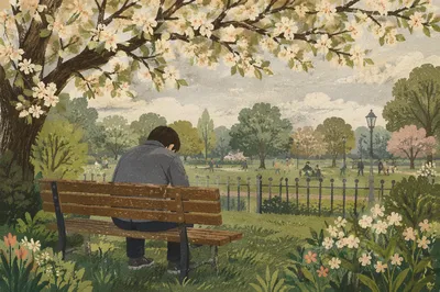 Solitary Park Bench Contemplation in Spring