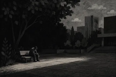 Solitary Park Bench Contemplation in Monochrome