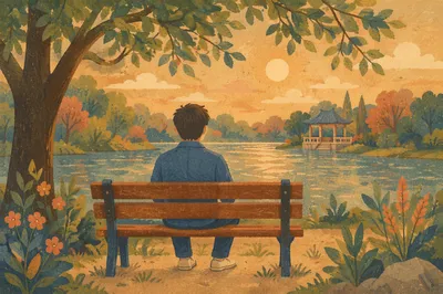 Solitary Lakeside Bench Contemplation at Golden Hour