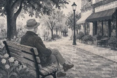 Elderly Person Contemplating on Park Bench