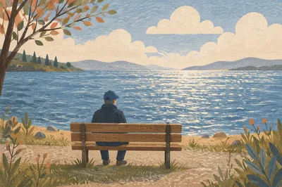 Solitary Reflection on Lakeside Park Bench