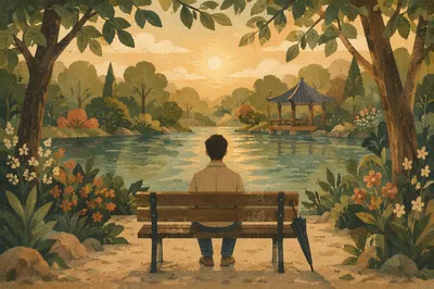 Solitary Reflection on Park Bench