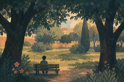 Solitary Park Bench Contemplation Under Trees