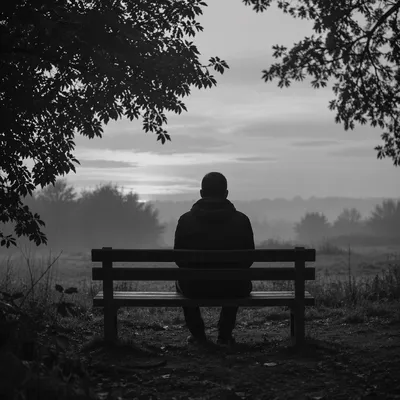 Solitary Bench Contemplation in Misty Park