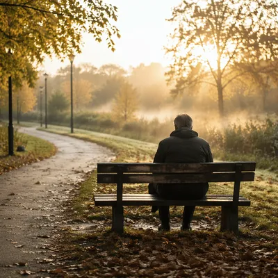 Solitary Park Bench Contemplation at Autumn Dawn