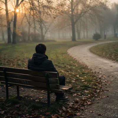 Solitary Bench Contemplation in Misty Autumn Park