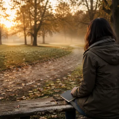 Solitary Park Bench Prayer at Autumn Dawn