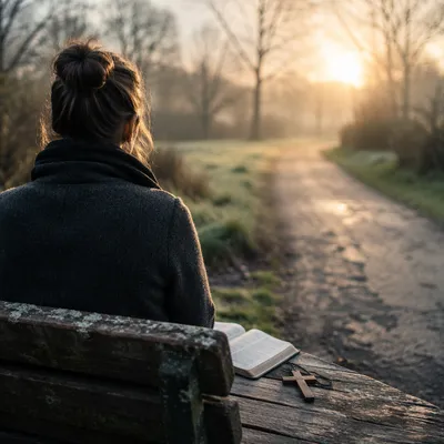 Solitary Prayer on a Misty Park Bench