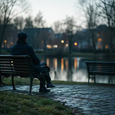 Solitary Reflection on Park Bench at Dusk