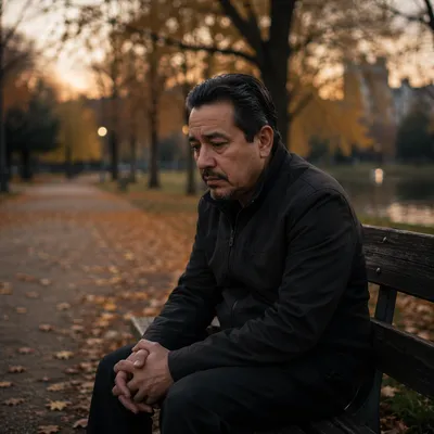 Man Contemplating Alone on Park Bench
