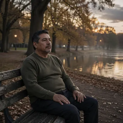 Man Alone on Park Bench at Dusk
