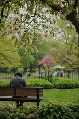 Solitary Park Bench Contemplation in Spring