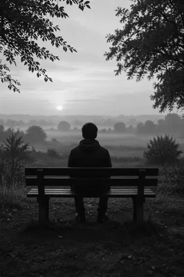 Solitary Bench Contemplation in Misty Park