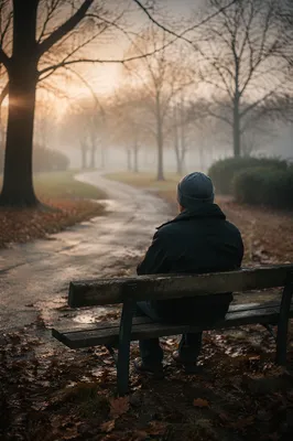 Solitary Reflection on Misty Park Bench