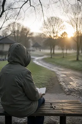 Solitary Dawn Reflection on Park Bench
