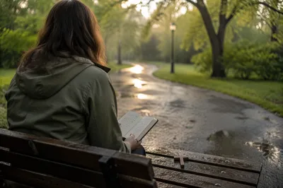 Solitary Prayer on a Rainy Park Bench