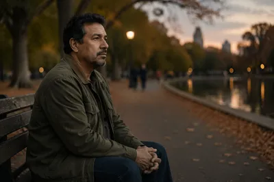 Man Sitting on Park Bench at Dusk