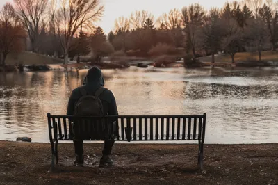 Solitary Park Bench by Winter Lake
