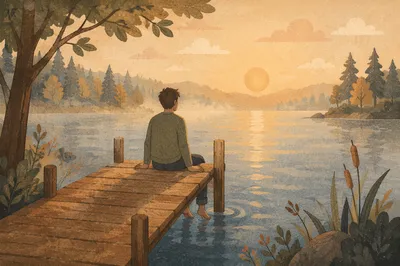 Peaceful Morning Reflection on a Lake Dock