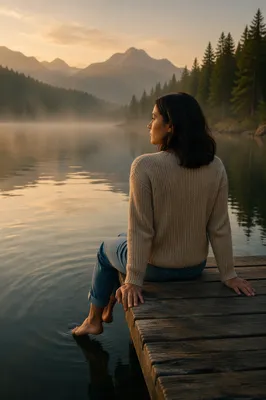 Woman Sitting on Dock by Lake