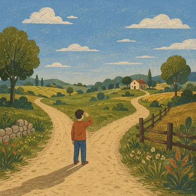Person Choosing a Path at Rural Crossroads