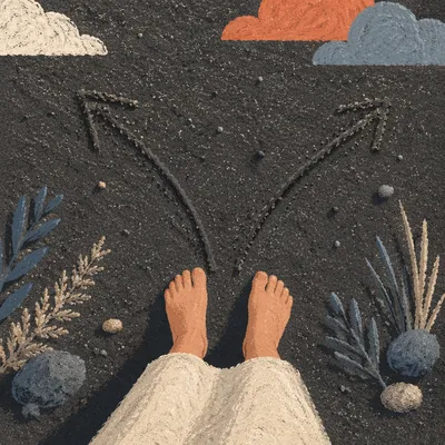 Barefoot Crossroads Decision on Dark Sand