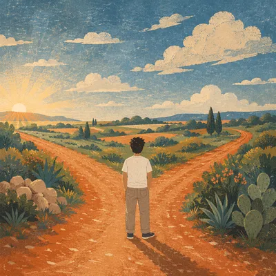 Person Facing a Rural Crossroads Choice