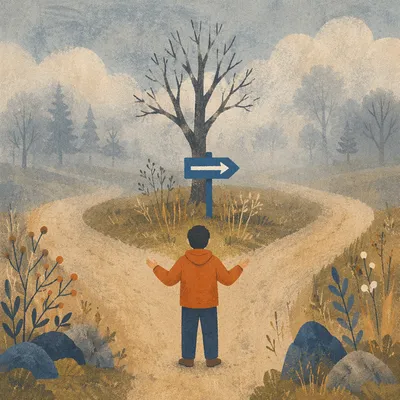 Crossroads Choice on Foggy Rural Path