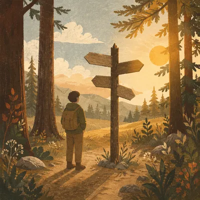 Contemplative Person at Woodland Crossroads