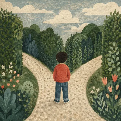 Child Choosing Path at Garden Crossroads