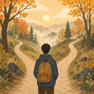 Person Pausing at Forest Crossroads Path