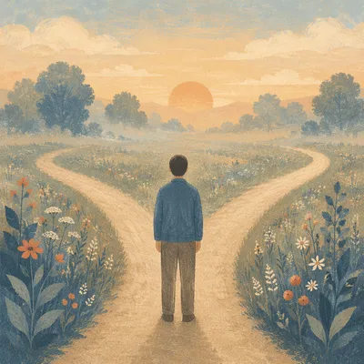 Person at Sunrise Crossroads in Meadow